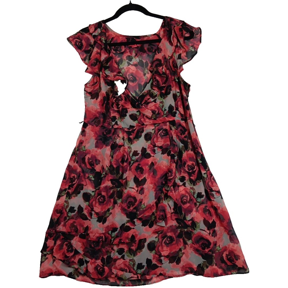 Elle Women's Size Large  Red Floral Print  Sheer Dress Beach‎ Cover Up Sleeveles